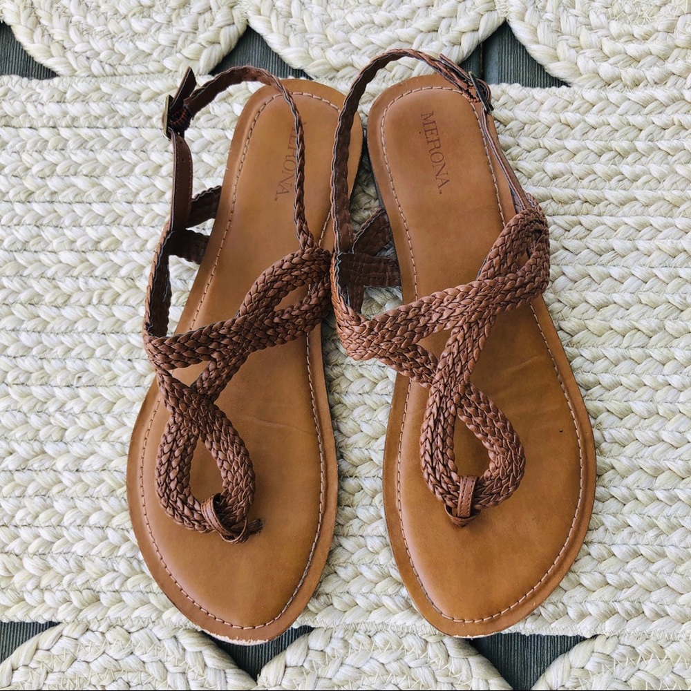 brown braided ankle strap thong sandals / size 8